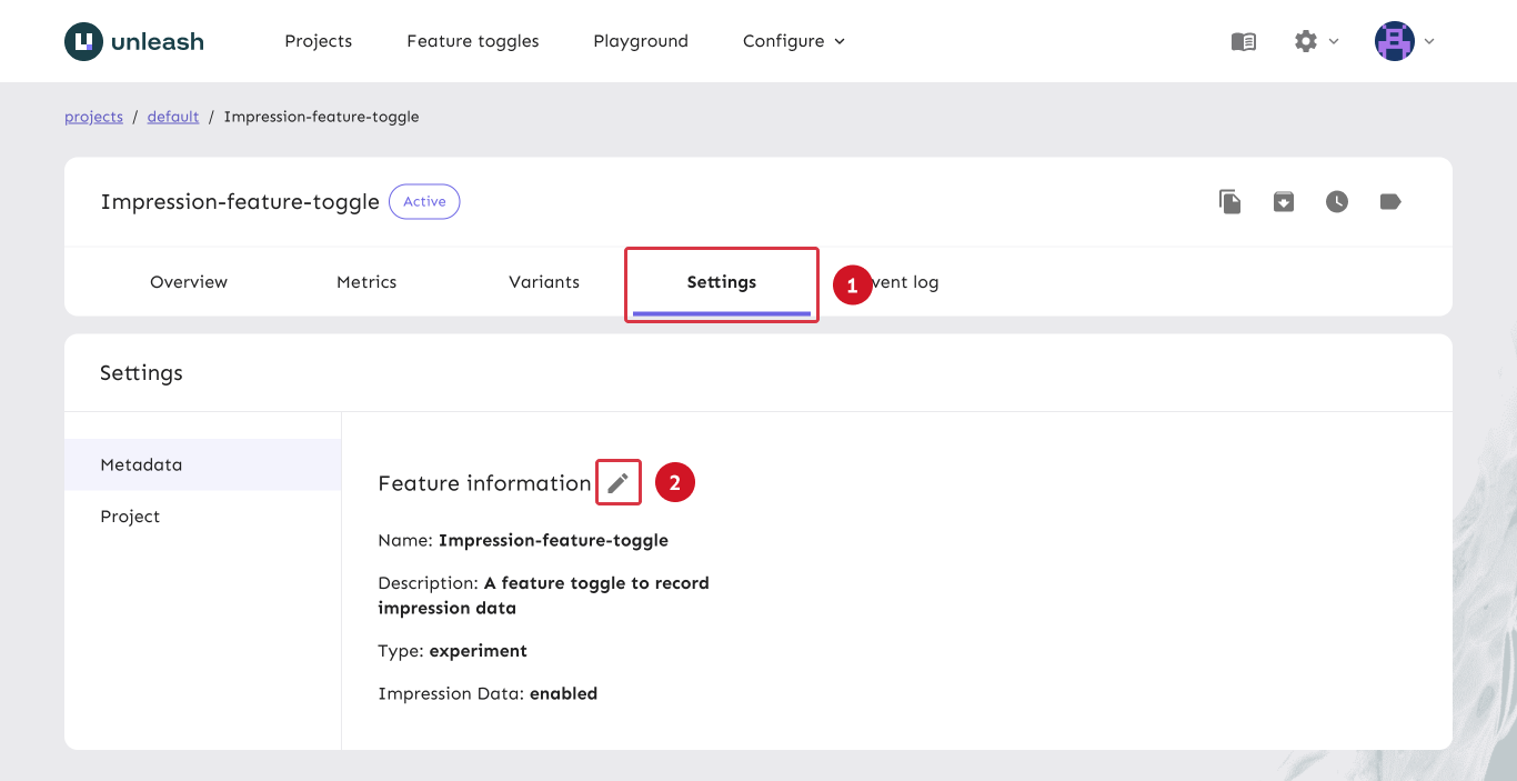 The create feature toggle form. There&#39;s a toggle at the end of the form that enables or disables impression data. It&#39;s labeled &quot;impression data&quot;.